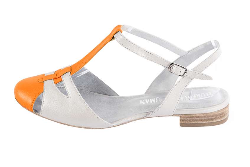 Apricot orange and pure white women's open back T-strap shoes. Round toe. Flat leather soles. Profile view - Florence KOOIJMAN